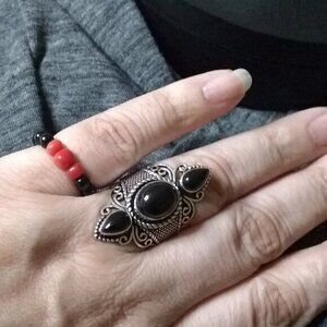 Bead Ring! Dainty Red Coral + Black Stone Beaded Ring S5 - Midi Knuckle